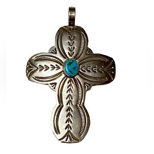 Large Native American Turquoise Sterling Silver Cross Pendant 925